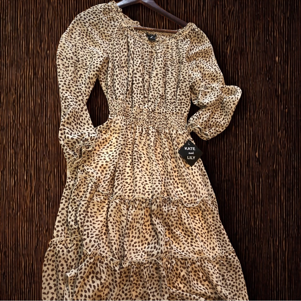 NWT Leopard Print sz 8 Kate and Lily brand Tiered Dress long sleeve knee length
